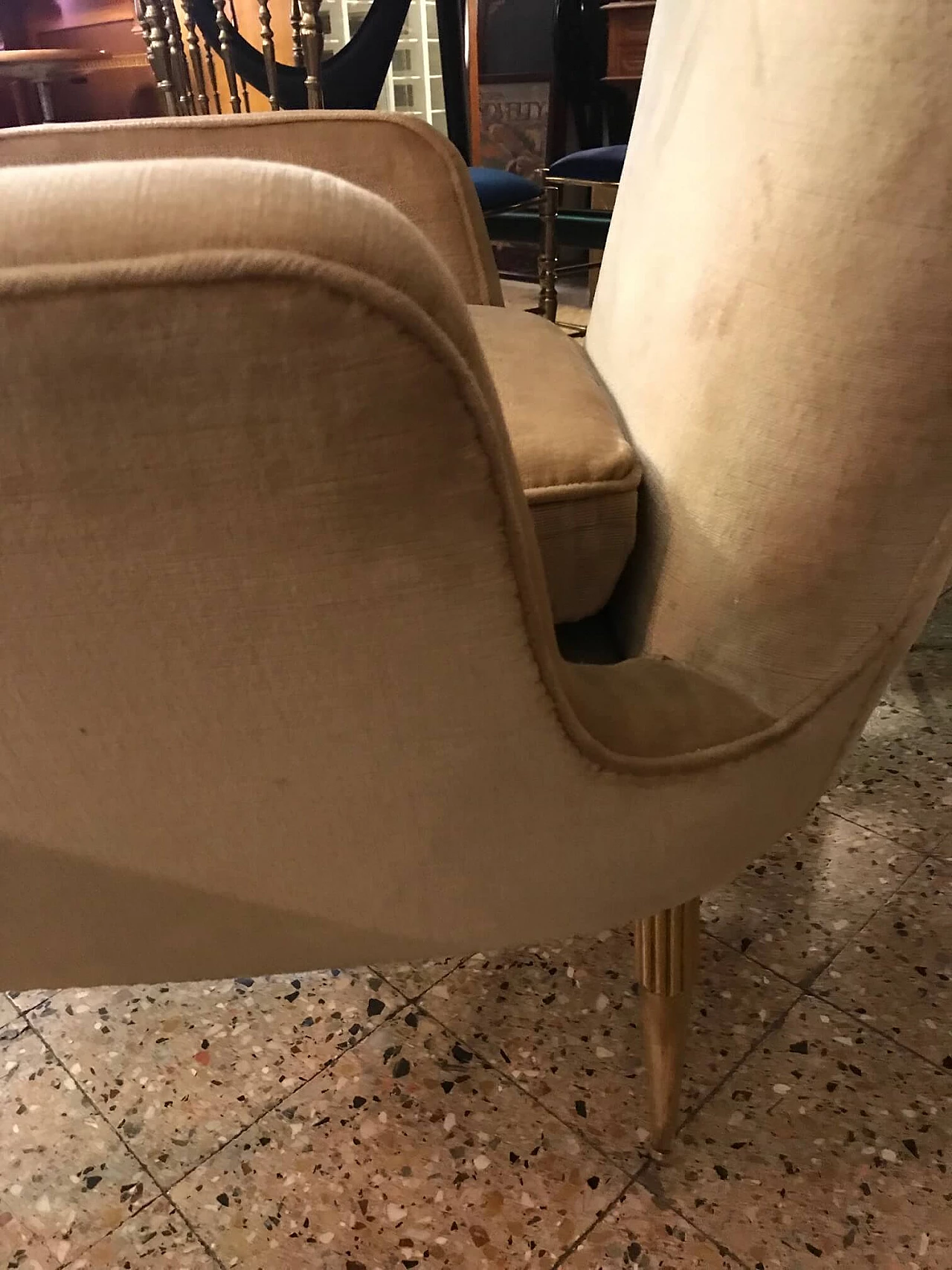 Velvet armchair and brass feet, 1950s 1081796