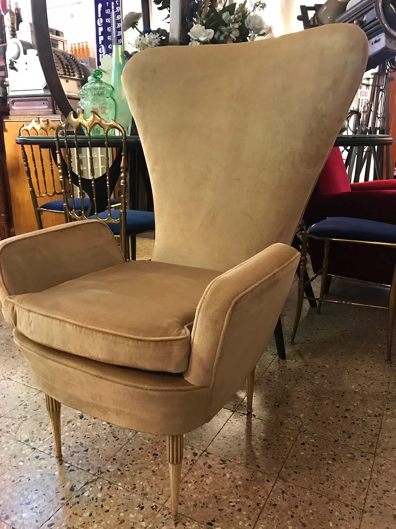 Velvet armchair and brass feet, 1950s 1081797