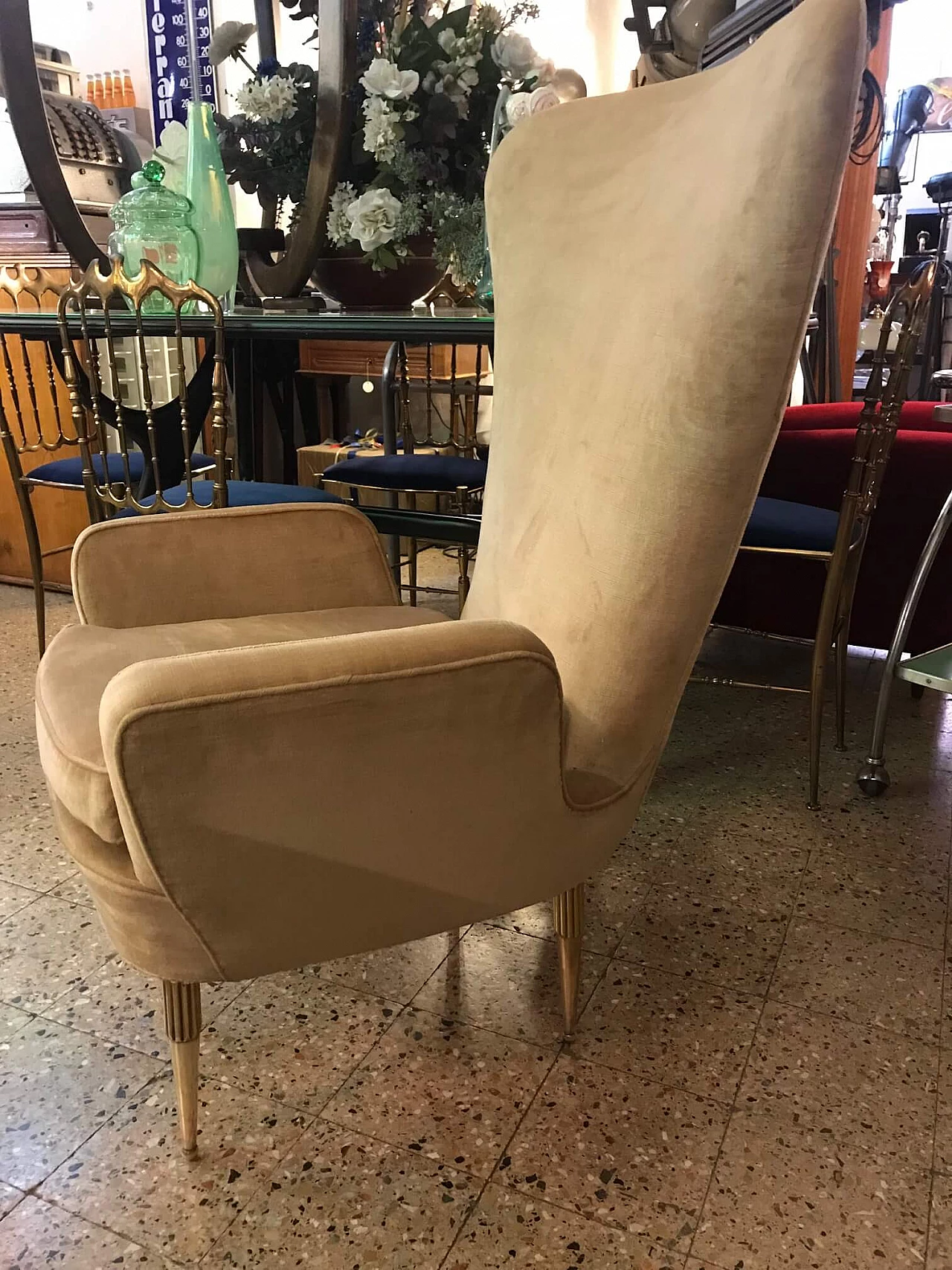Velvet armchair and brass feet, 1950s 1081800