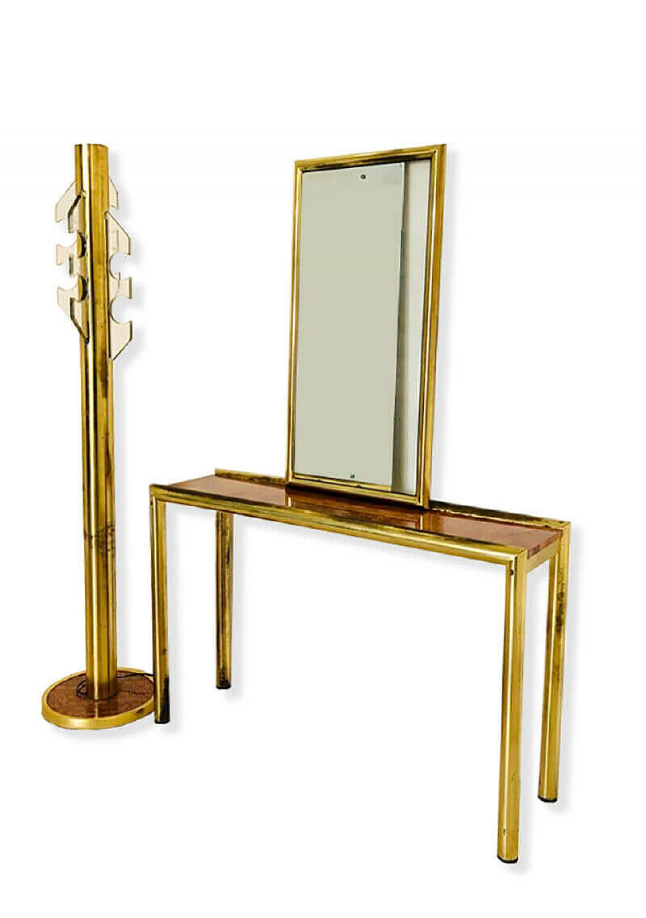 Console with mirror and coat rack, in brass and briarwood, 70s 1081946