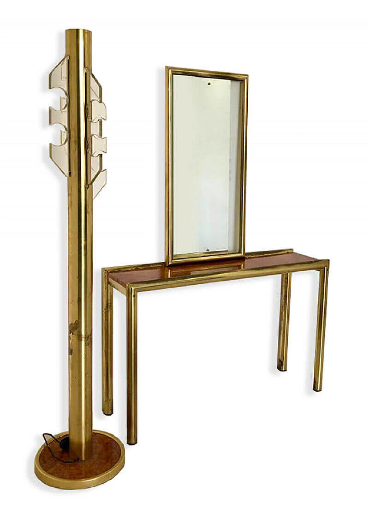 Console with mirror and coat rack, in brass and briarwood, 70s 1081947