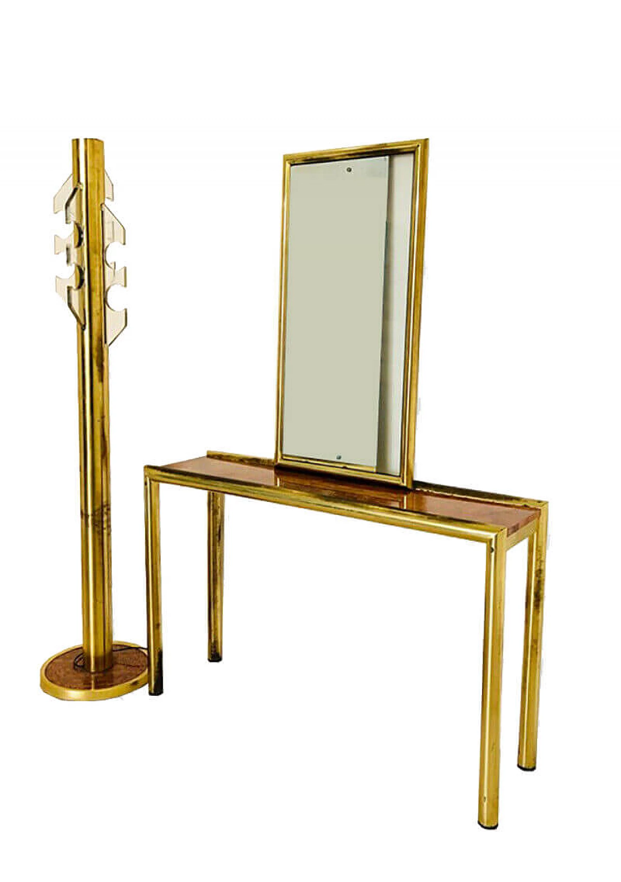 Console with mirror and coat rack, in brass and briarwood, 70s 1081960