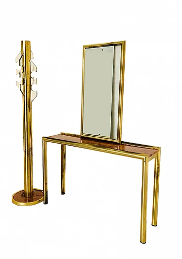 Console with mirror and coat rack, in brass and briarwood, 70s