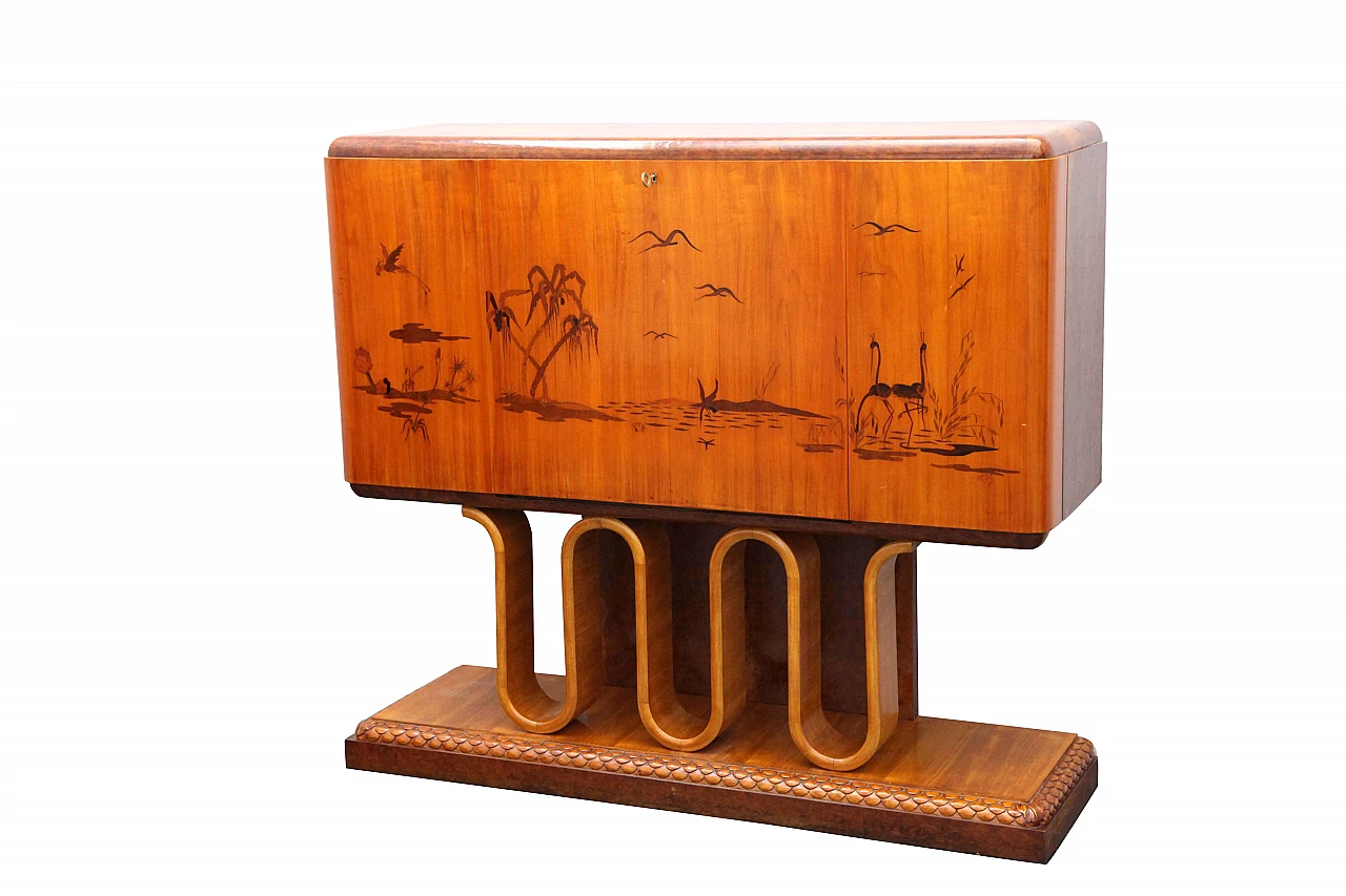 Mobile bar in acero e radica di olmo, anni '30 1082421