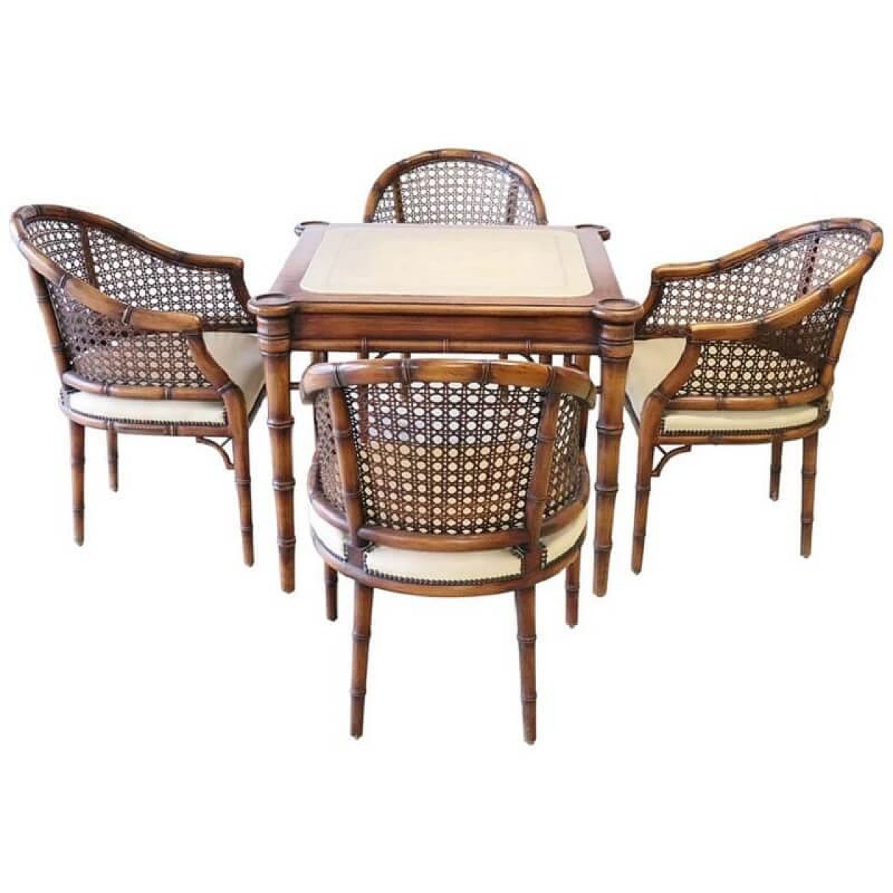 Tavolo da gioco con quattro poltroncine, paglia di vienna sec. XX 1082562