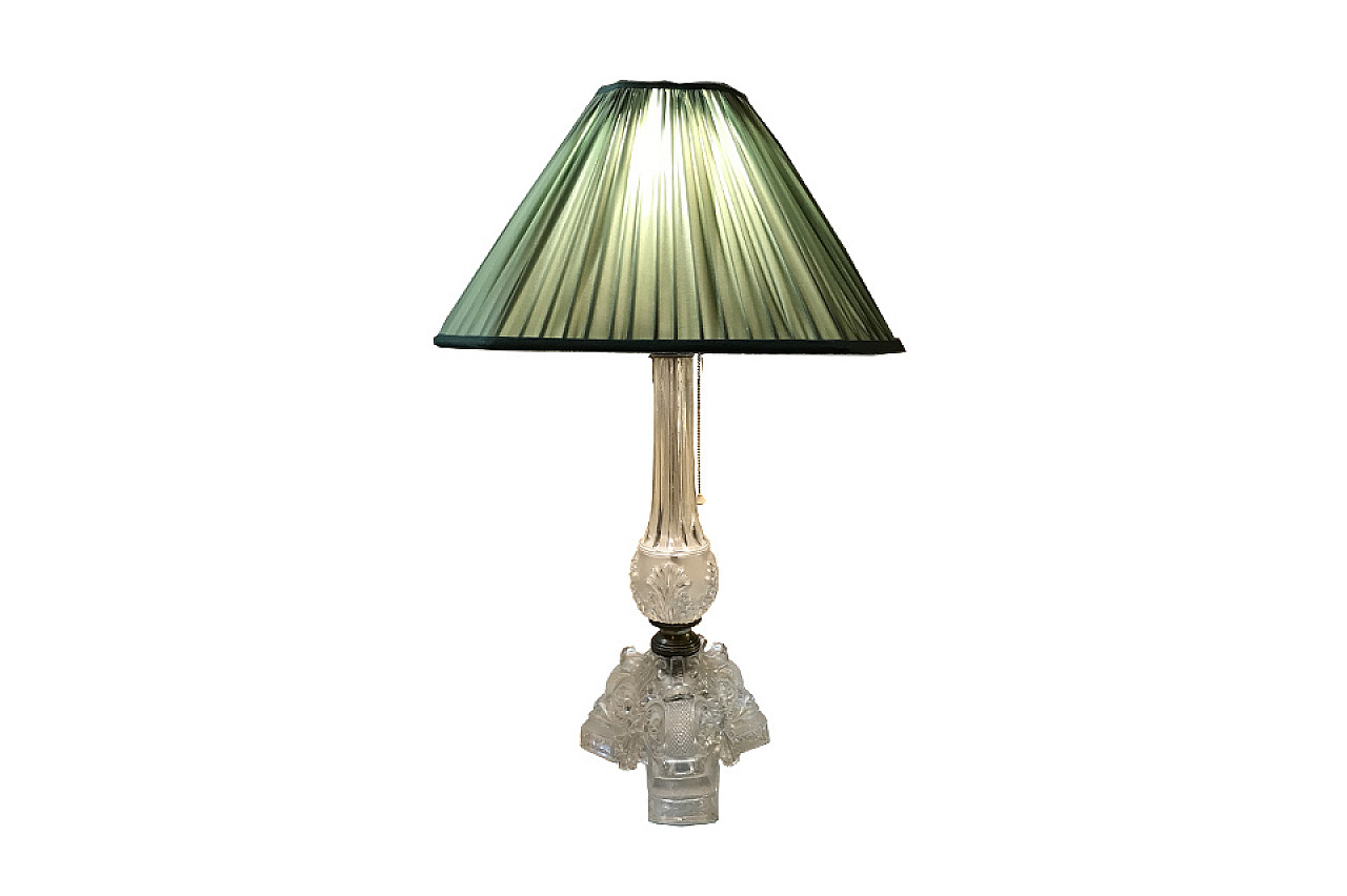 Glass table lamp with green silk lampshade, 30s 1