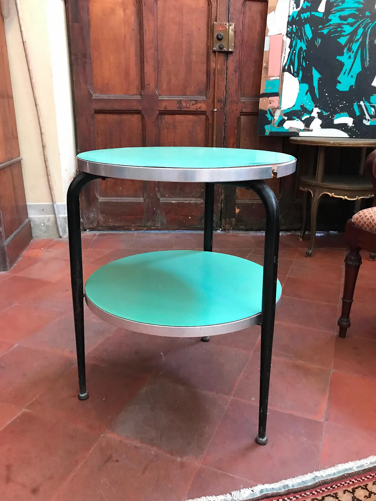 Green round coffee table with two shelves from the '50s 1045813