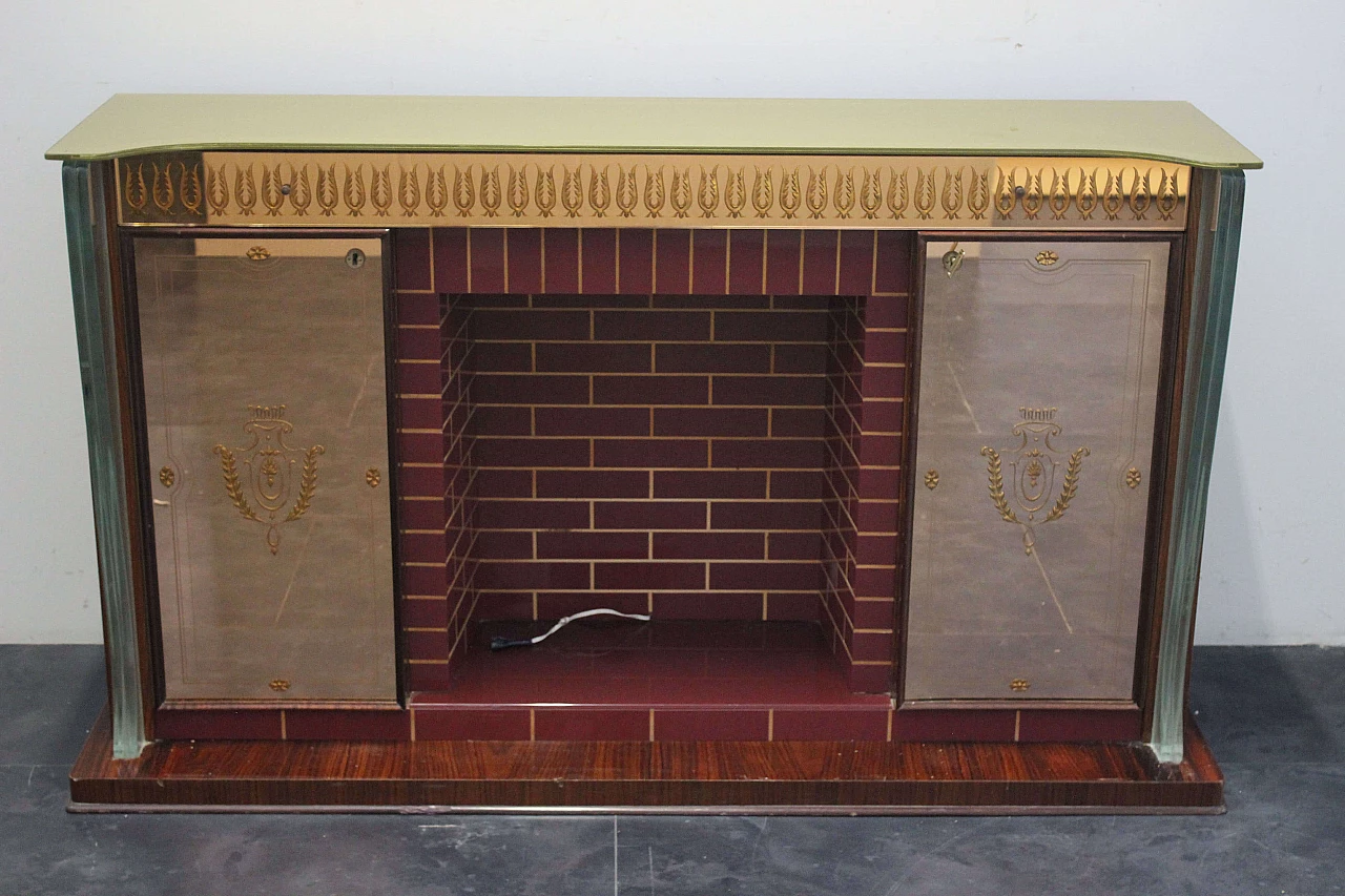 Bar cabinet in the form of a fireplace in rosewood and glass attributed to Fontana Arte, 1950s 1083461