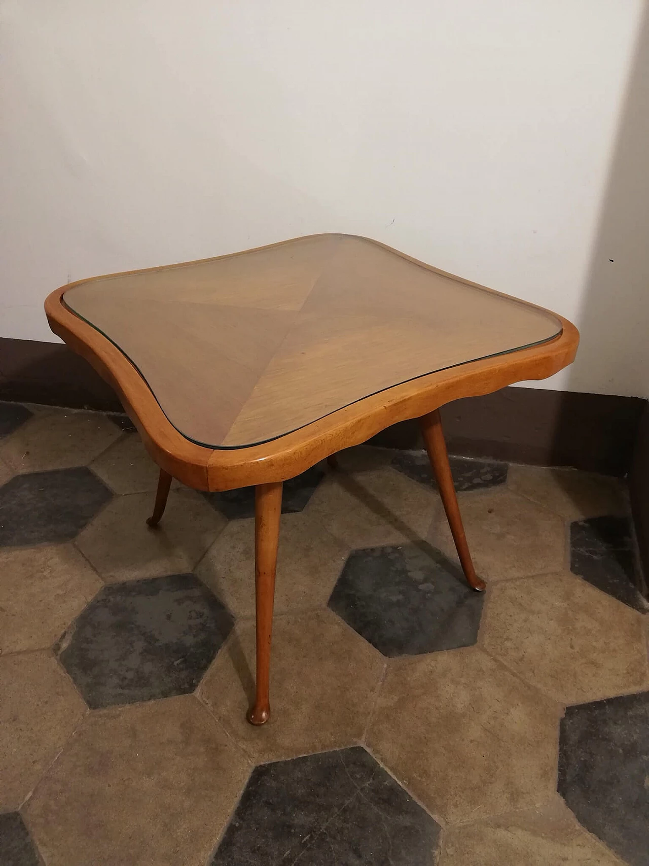 Wooden coffee table and glass top, 1950's 1083612