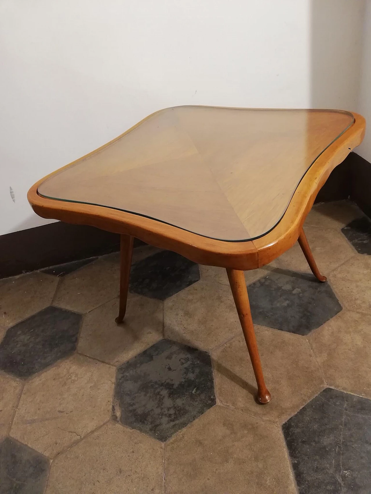 Wooden coffee table and glass top, 1950's 1083613