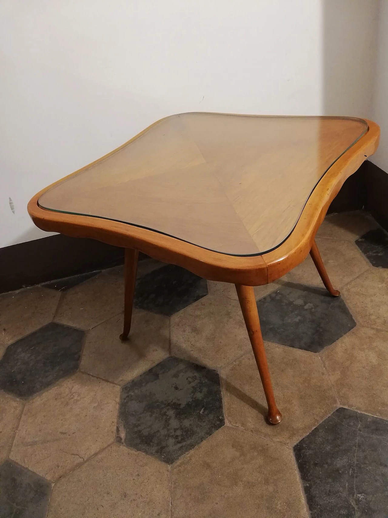 Wooden coffee table and glass top, 1950's 1083615