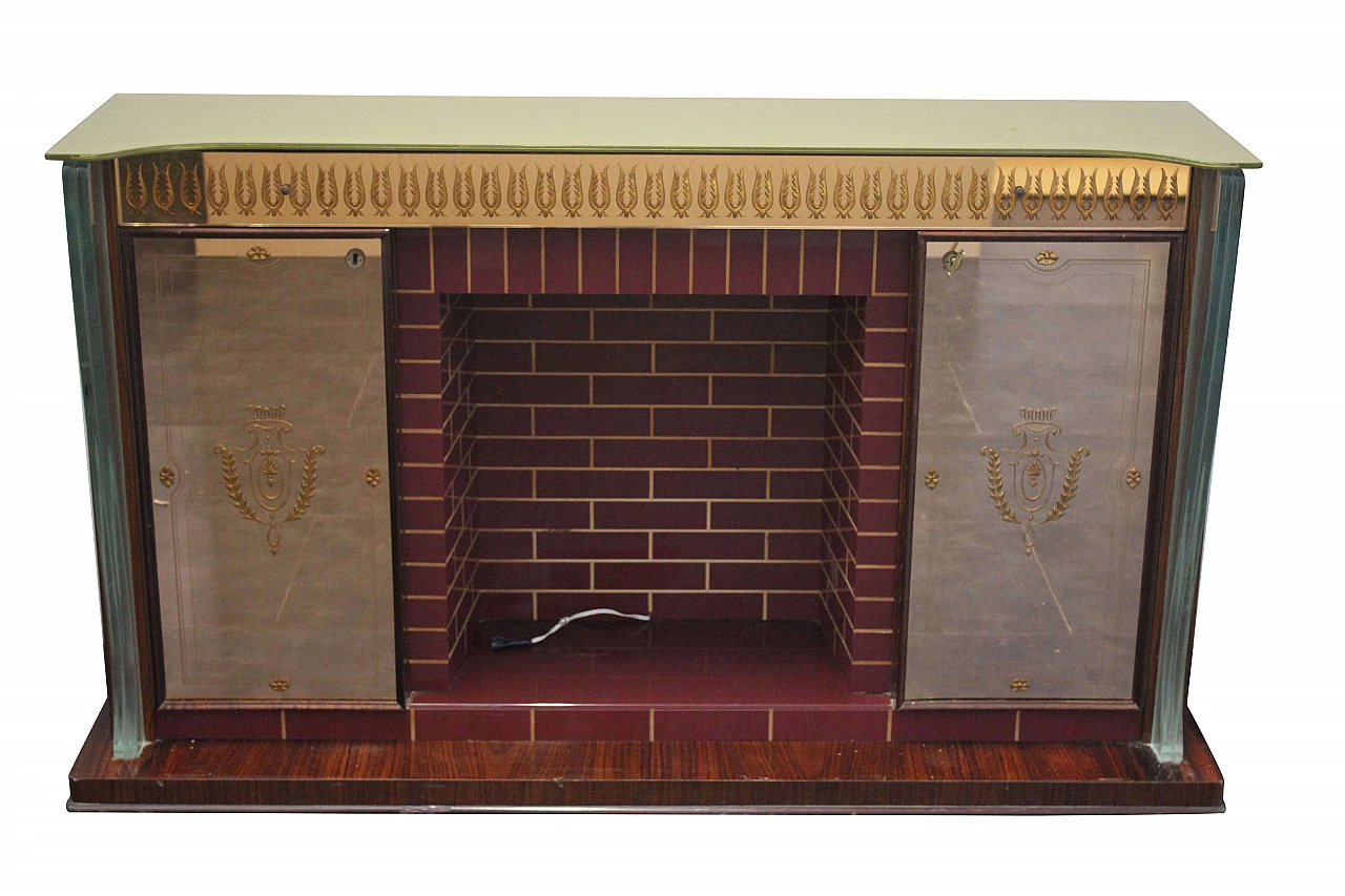 Bar cabinet in the form of a fireplace in rosewood and glass attributed to Fontana Arte, 1950s 1083926