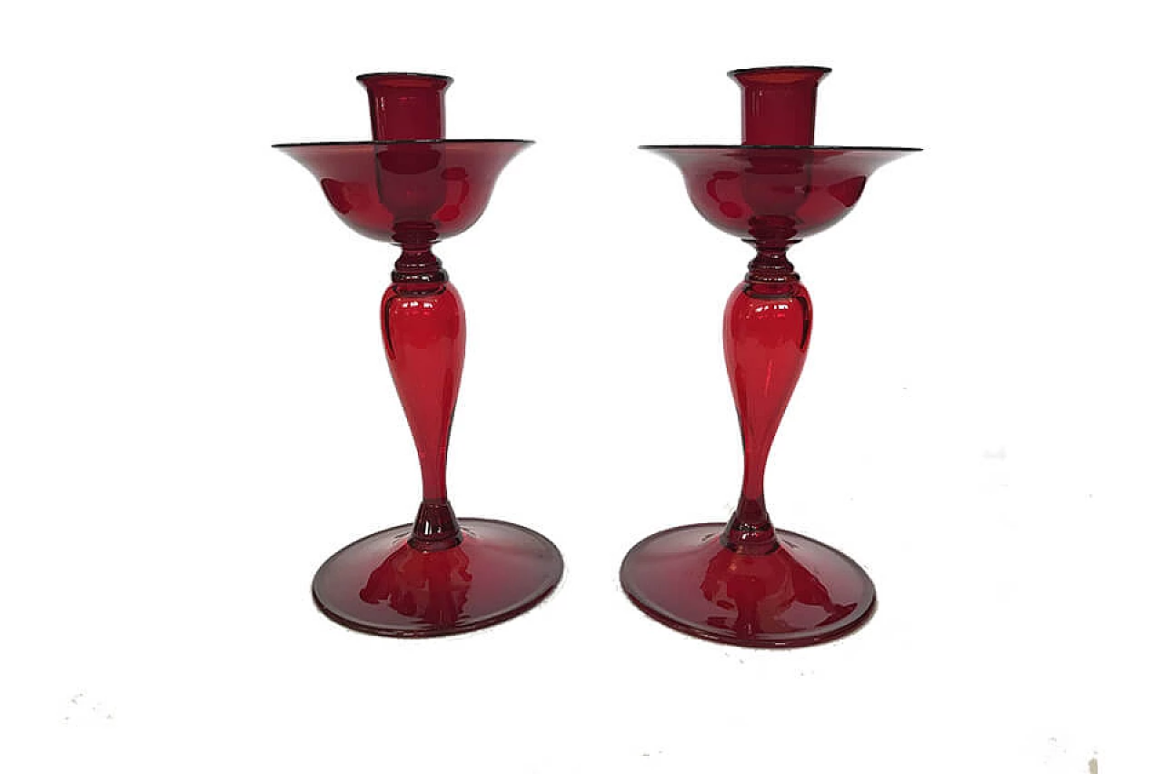 Pair of red candlesticks in glass, Italy 30s 1