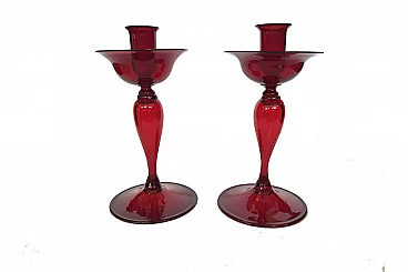 Pair of red candlesticks in glass, Italy 30s