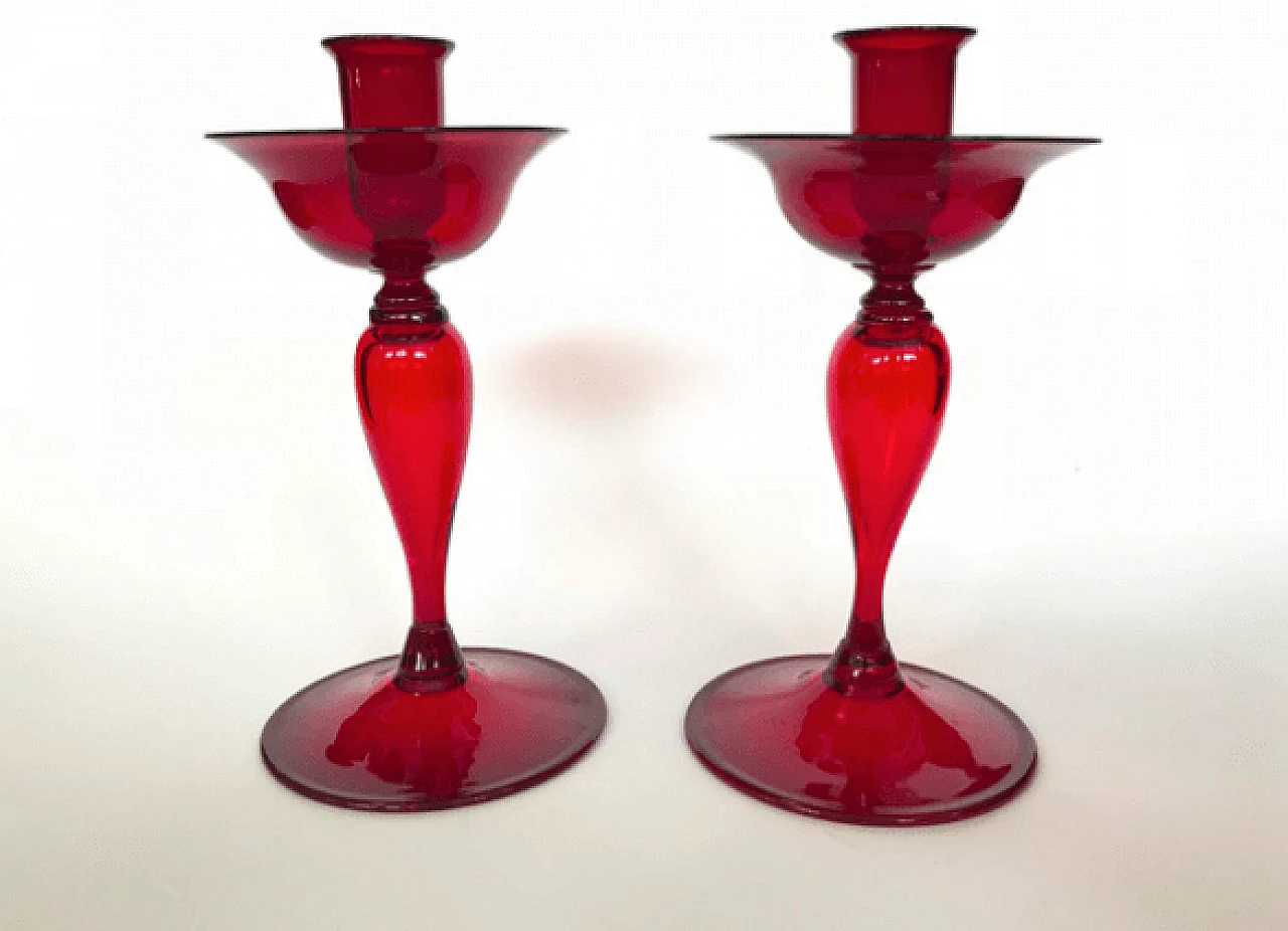 Pair of red candlesticks in glass, Italy 30s 3