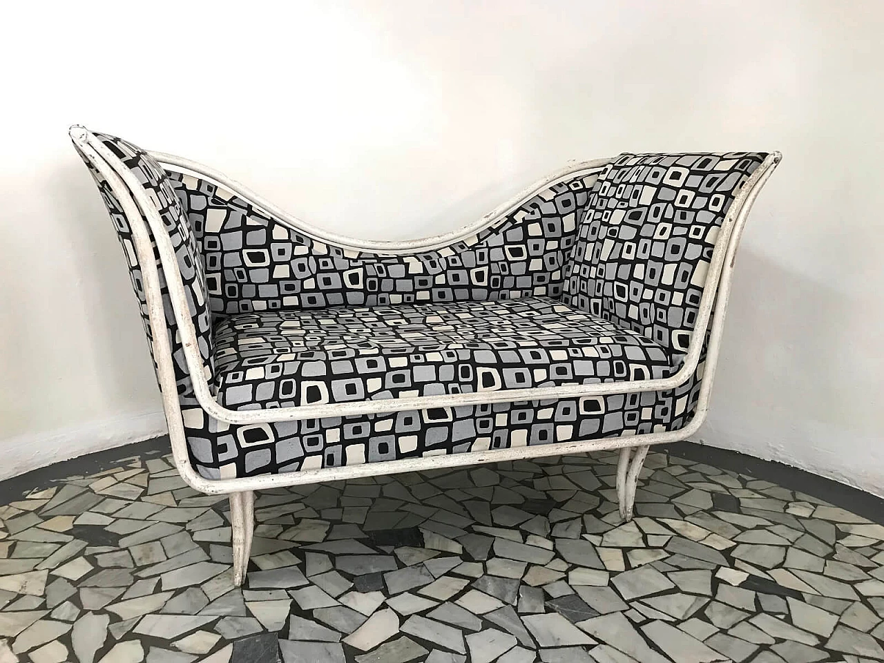 1950s sofa with black and white patterned fabric 2