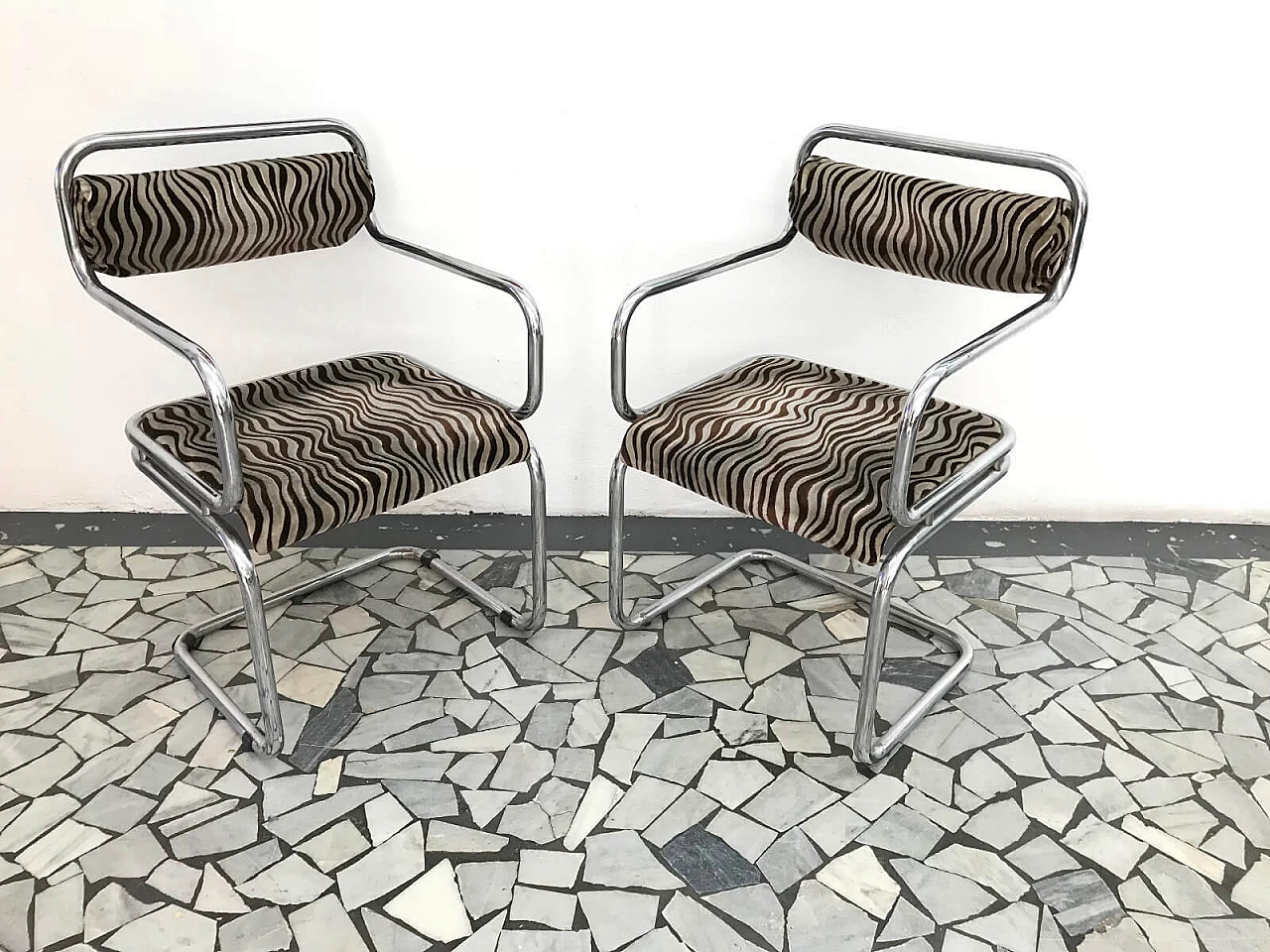 Pair of chromed armchairs with velvet zebra, 70's 2
