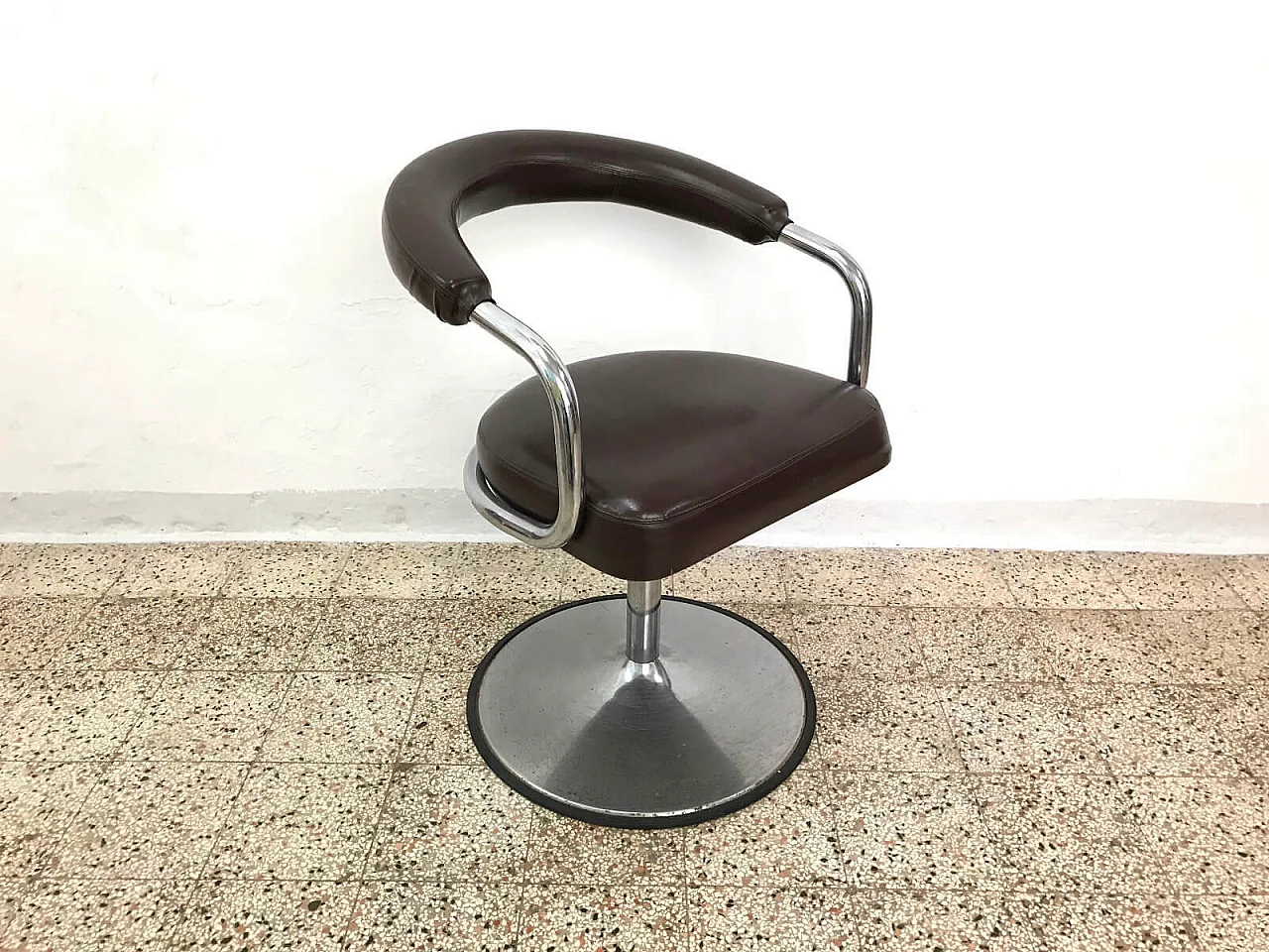 Pair of chromed and sky brown armchairs, 70s 3