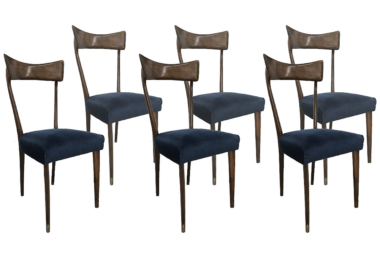 6 Wooden chairs with blue upholstery, 1950s 1