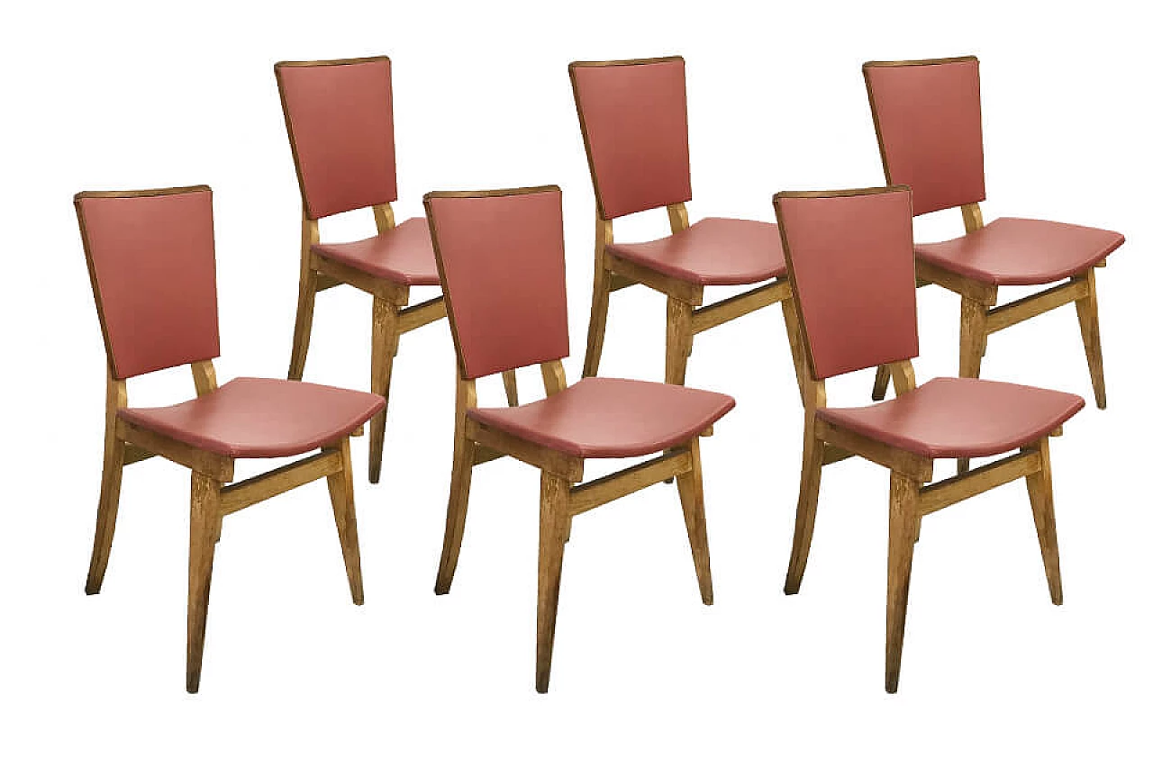 6 sedie in legno e skai rosso, anni '50 1