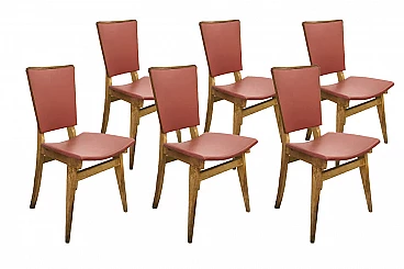 6 sedie in legno e skai rosso, anni '50