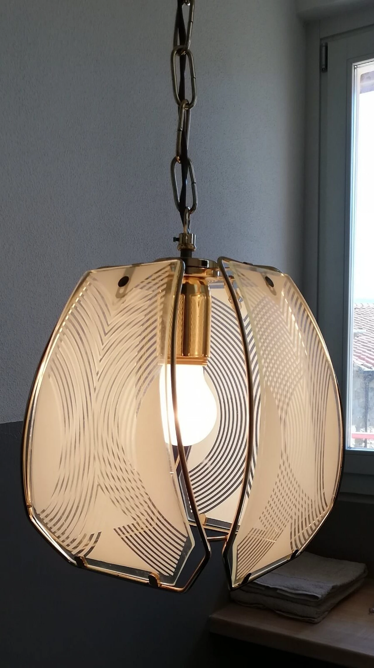 Glass chandelier with golden finishes, 50s 2