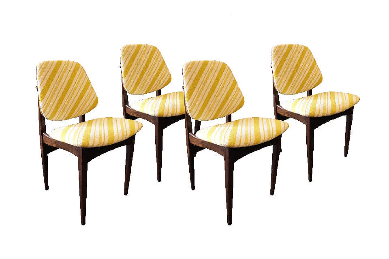 4 English chairs in teak and yellow fabric, 1950s 1