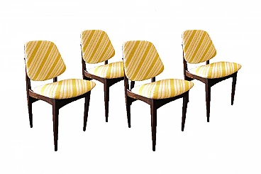 4 English chairs in teak and yellow fabric, 1950s