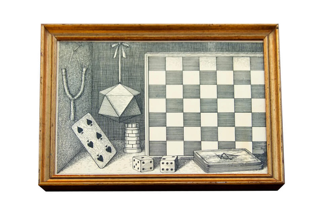 Pannello serigrafato di Fornasetti raffigurante giochi, anni '50 1
