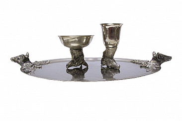 Silver plate hunting set with reversible glasses and tray, 60s