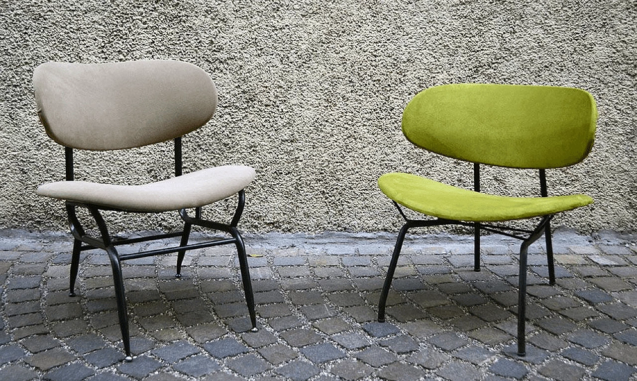 Pair of armchairs in lacquered metal and velvet, 1950s 3