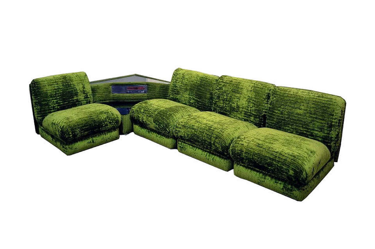 Modular green sofa with coffee table and radio, Italy, 70's 1