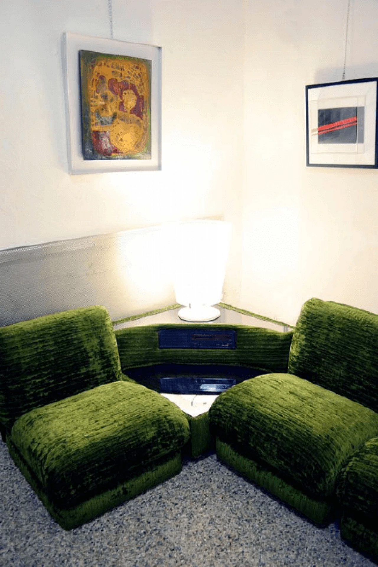 Modular green sofa with coffee table and radio, Italy, 70's 8