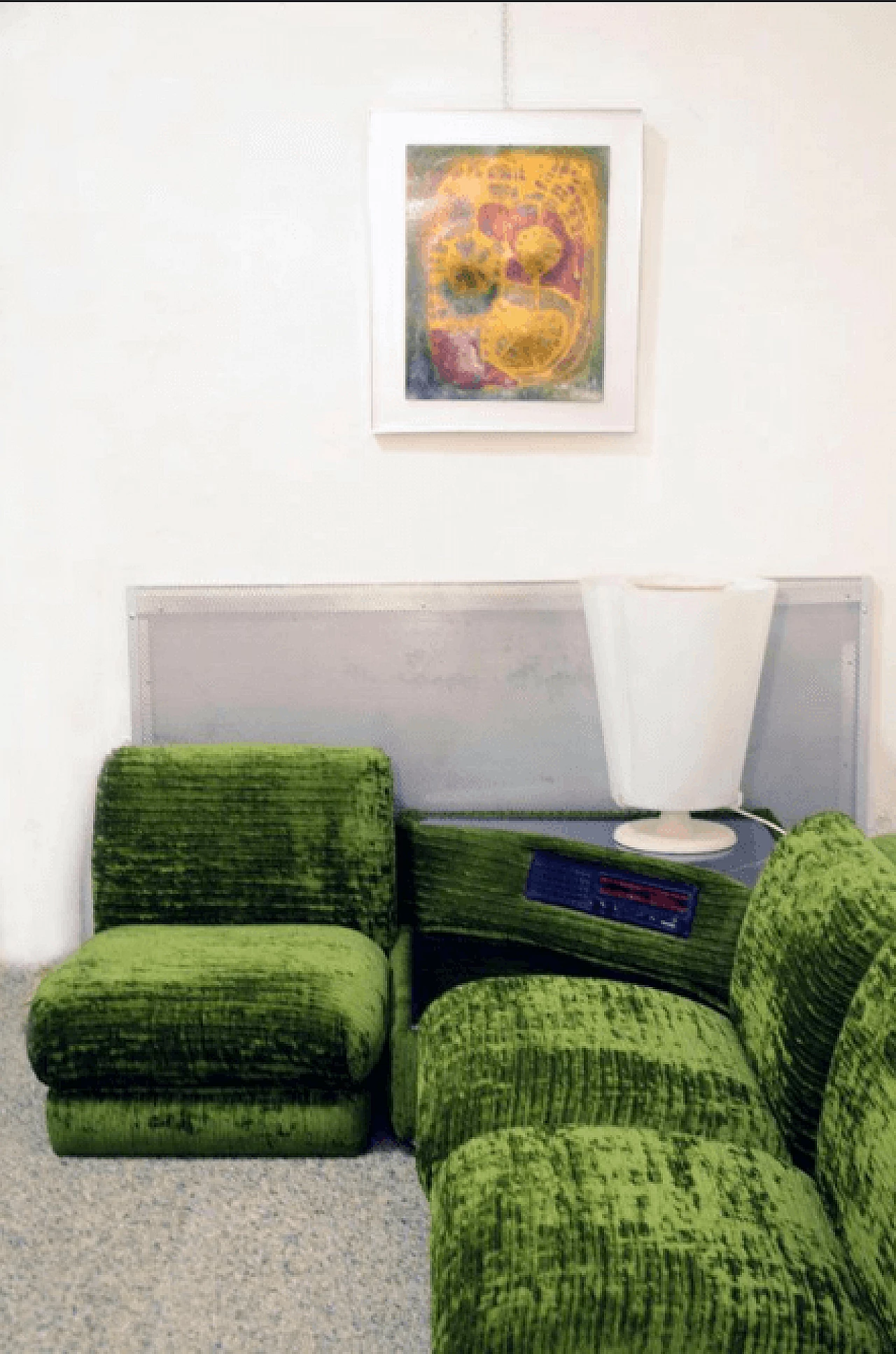 Modular green sofa with coffee table and radio, Italy, 70's 4