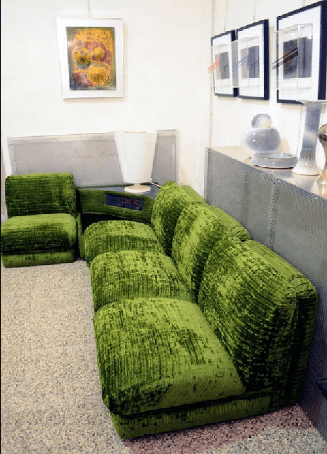 Modular green sofa with coffee table and radio, Italy, 70's 3
