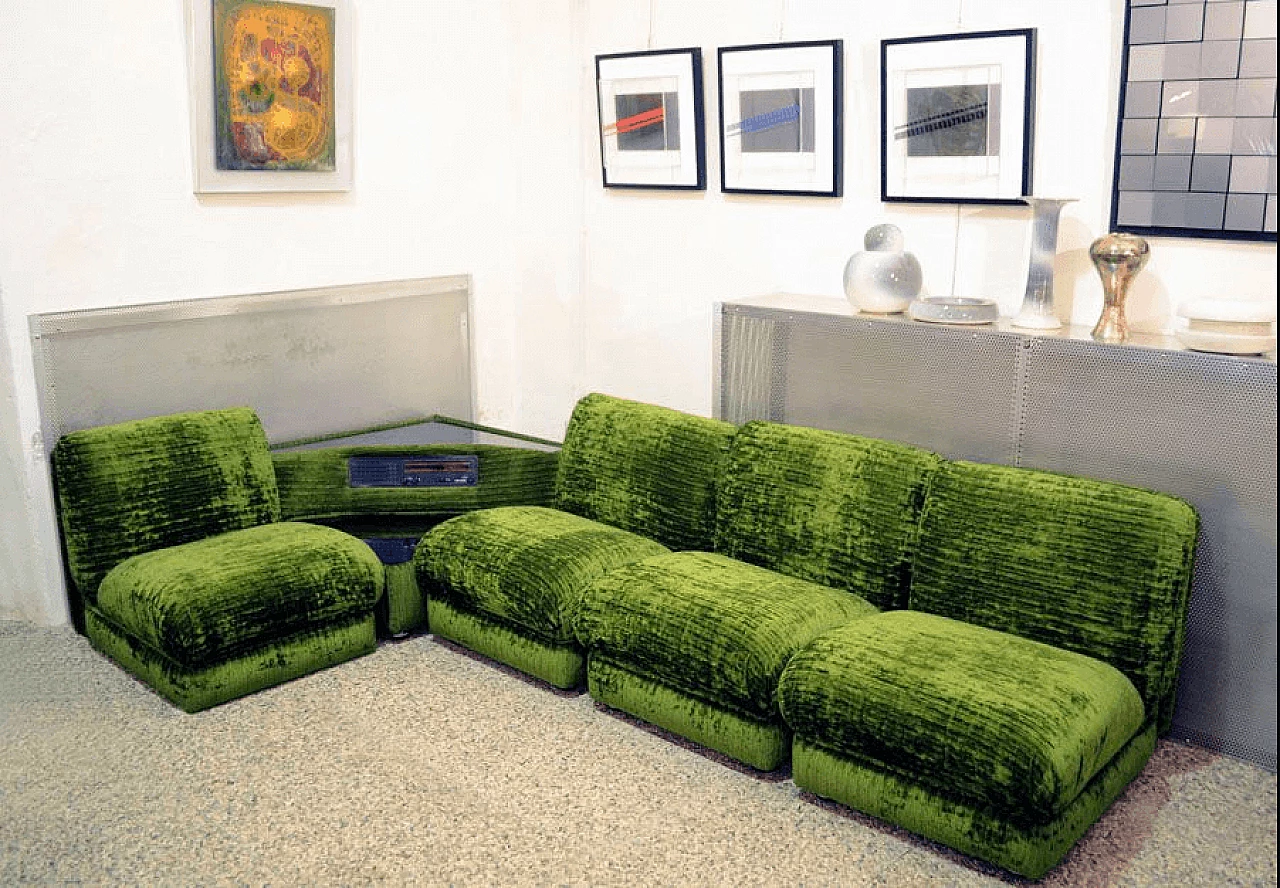 Modular green sofa with coffee table and radio, Italy, 70's 2