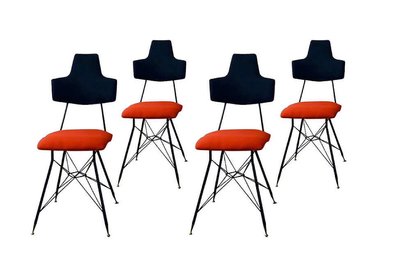 4 sedie da pranzo in metallo nero con seduta rossa, anni '50 1