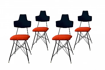 4 sedie da pranzo in metallo nero con seduta rossa, anni '50