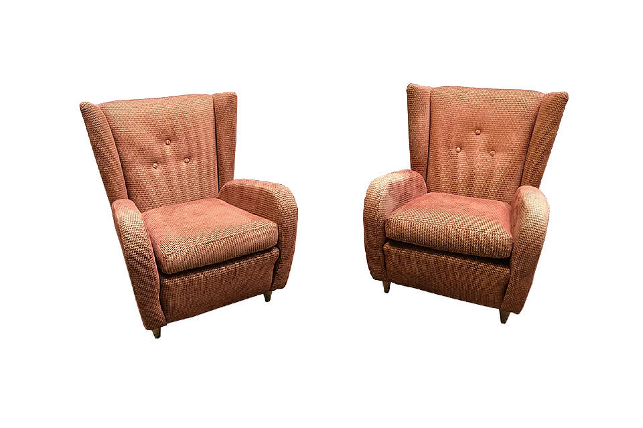 Pair of armchairs in the style of Paolo Buffa with original red fabric from the 50s 1