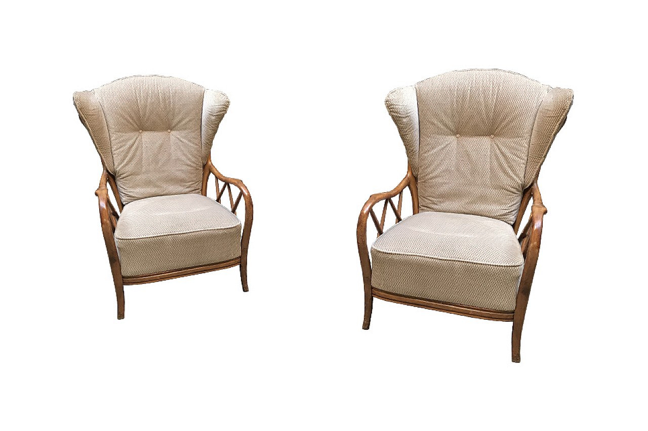 Pair of Paolo Buffa armchairs upholstered in beige, '40s 1