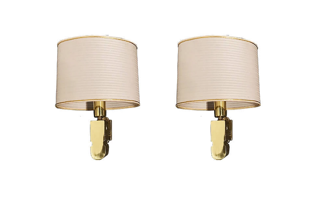 Pair of brass wall lamps with lampshades, 70s 1