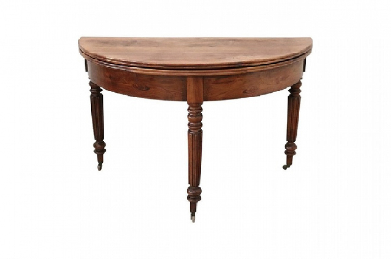 Antique console table with folding round top in walnut and bronze, 1850 1