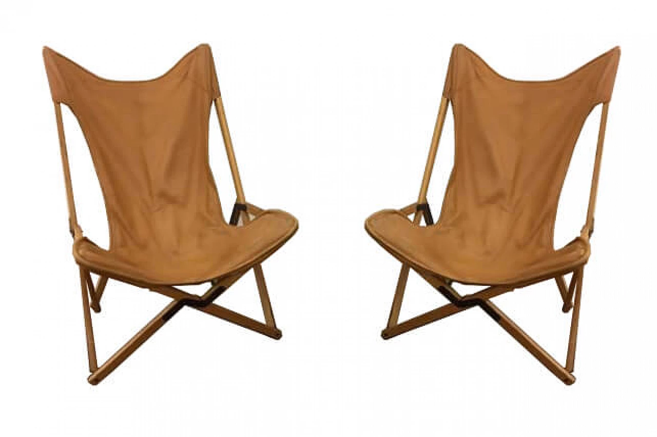 Pair of folding armchairs, wood and leather, '40s 1