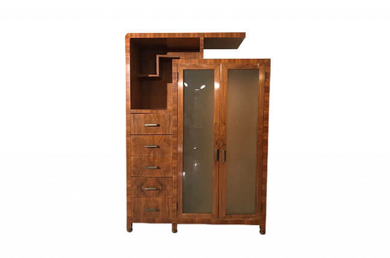 Mobile armadio da soggiorno in radica e vetro, anni '30  1