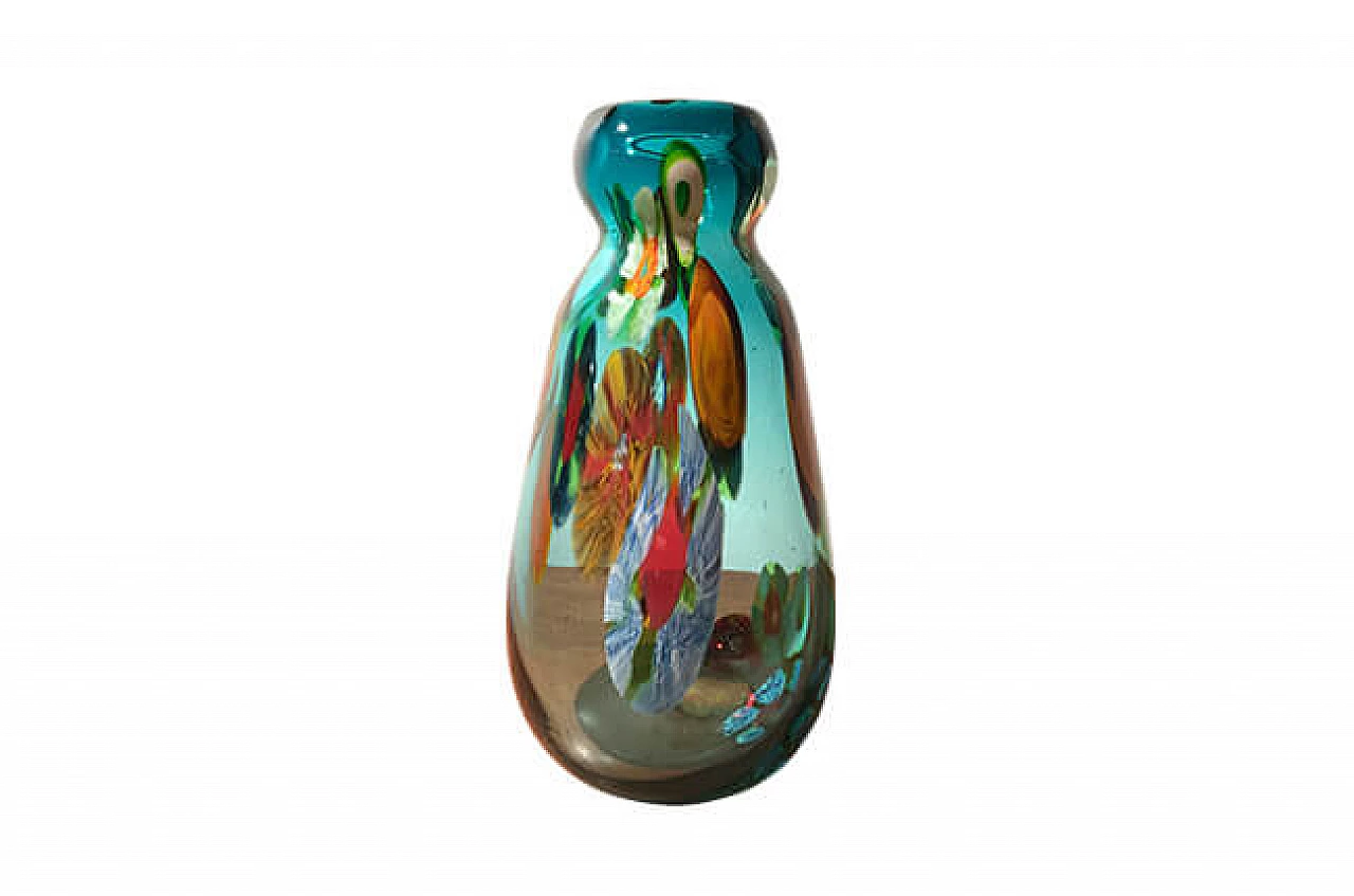 Green Murano glass vase with policrome "murrine" decoration 1