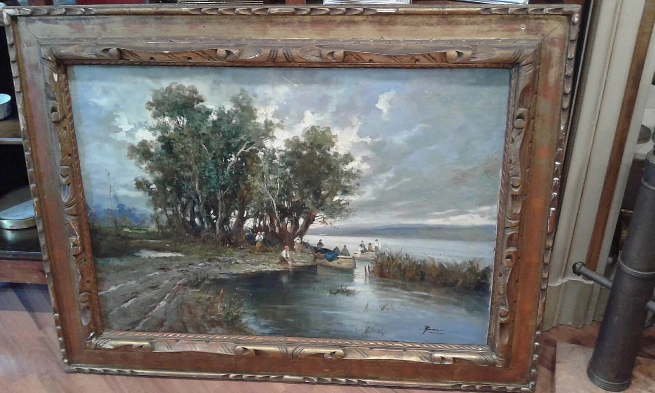 Dipinto ad olio di paesaggio sul fiume, primi '900 2