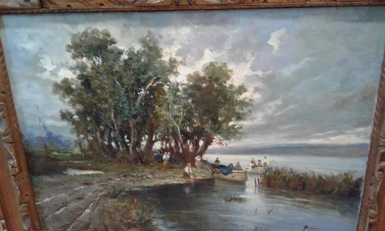 Dipinto ad olio di paesaggio sul fiume, primi '900 4