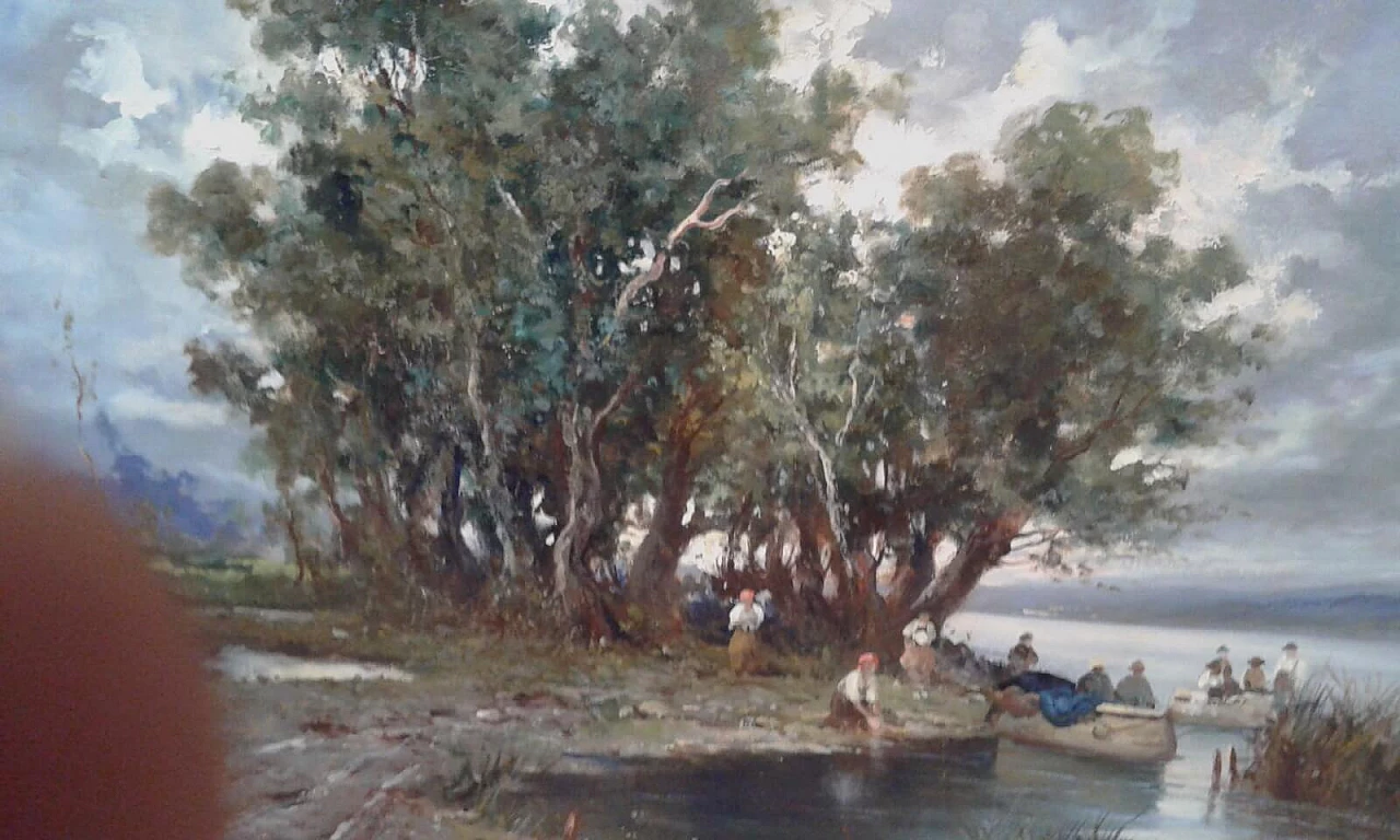 Dipinto ad olio di paesaggio sul fiume, primi '900 5