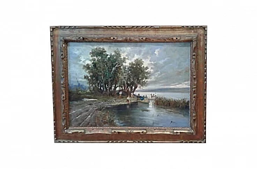 Dipinto ad olio di paesaggio sul fiume, primi '900