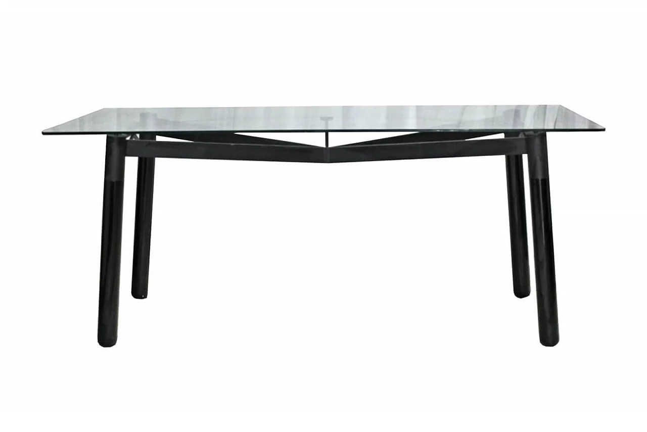 Minimalistic glass top dining table with black steal frame, 80s 1